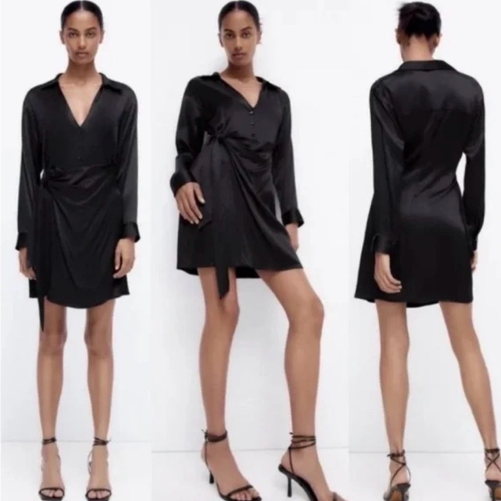 ZARA NWT Black Satin Wrap Dress | Size Medium | Long Sleeve